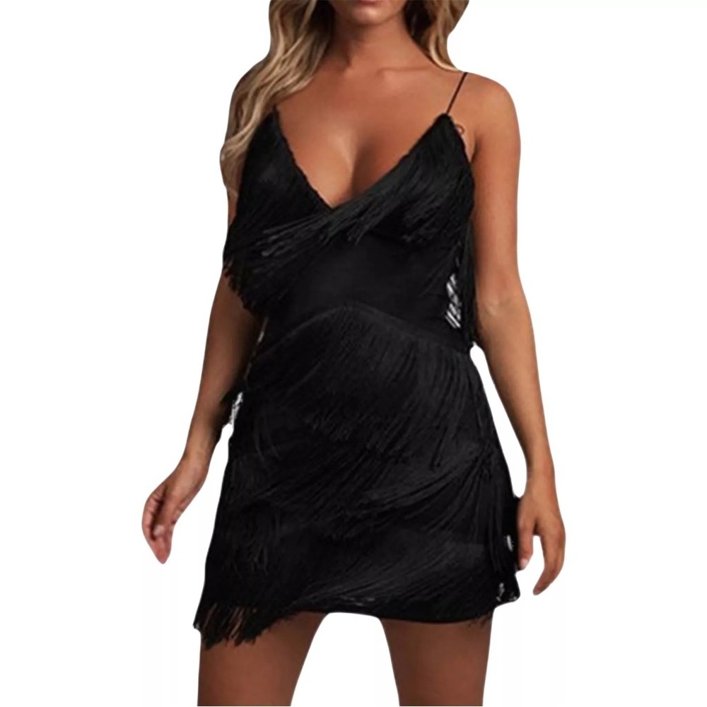 Sleeveless Spaghetti Strap V-neck Backless Fringe Layered Mini Dress